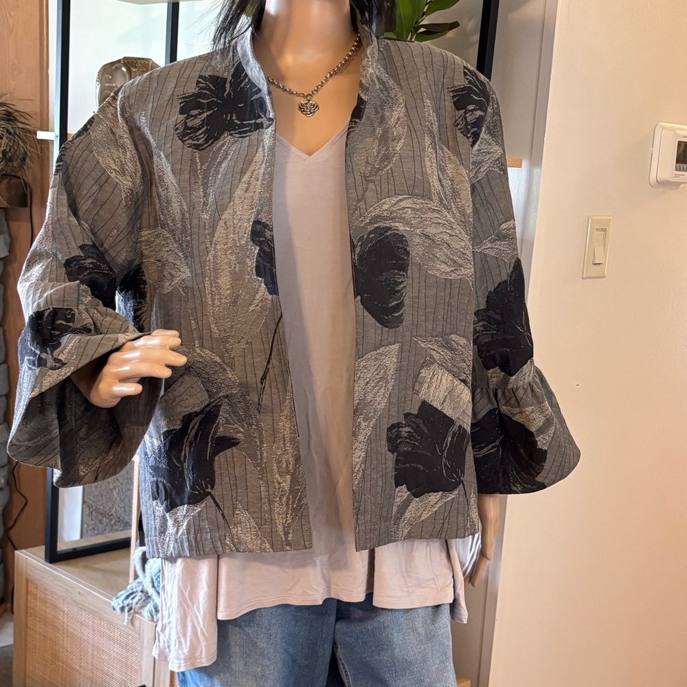 Caroline Rose Black Gray Floral Blazer Bell Cotton LG Dillards FREE SHIPPING